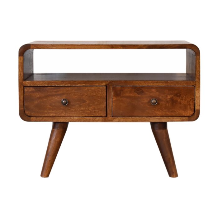 Mini Chestnut Curved Media Unit with 2 Drawers - Image 1