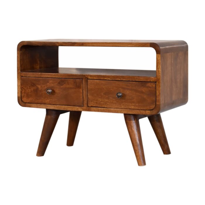 Mini Chestnut Curved Media Unit with 2 Drawers - Image 3