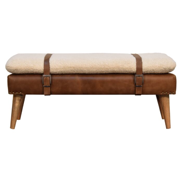 Bouclé Buffalo Hide Leather Bench - Image 1