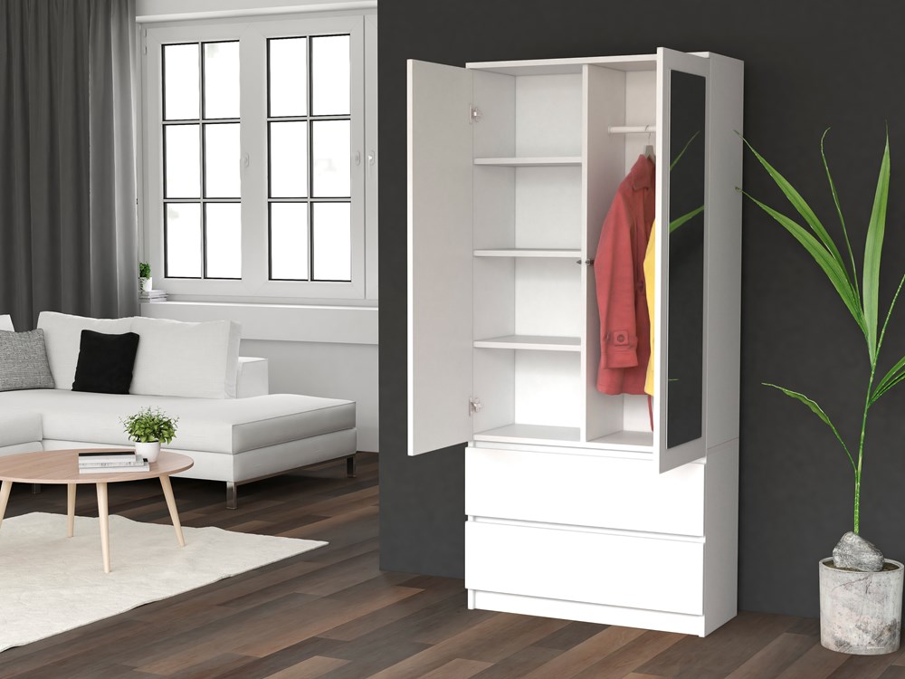 31_white_opened_pp Malwa SS-90L Two-Door Mirrored Wardrobe in White Matt - Image 5
