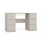 The Kuba computer desk in a warm and sophisticated Cashmere Beige finish, shown in a stylish home office with its six drawers and central keyboard shelf.
