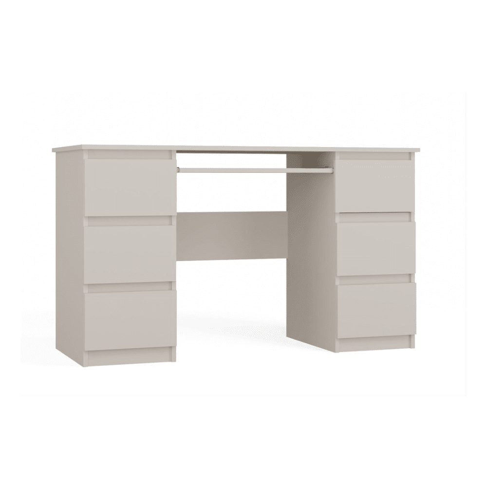 Kuba 6-Drawer Modern Computer Desk in Elegant Cashmere Beige The Kuba computer desk in a warm and sophisticated Cashmere Beige finish, shown in a stylish home office with its six drawers and central keyboard shelf.