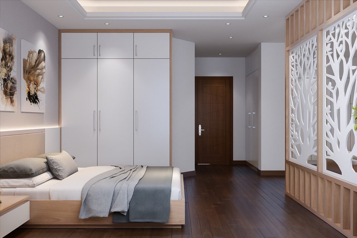 The interior of a BoxenSpace fitted wardrobe, showing custom shelving and hanging space in a compact bedroom.