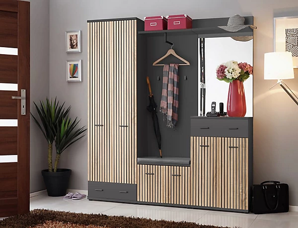 Elegant hall cupboard for coats featuring enclosed storage with shelving and coat rail in oak design