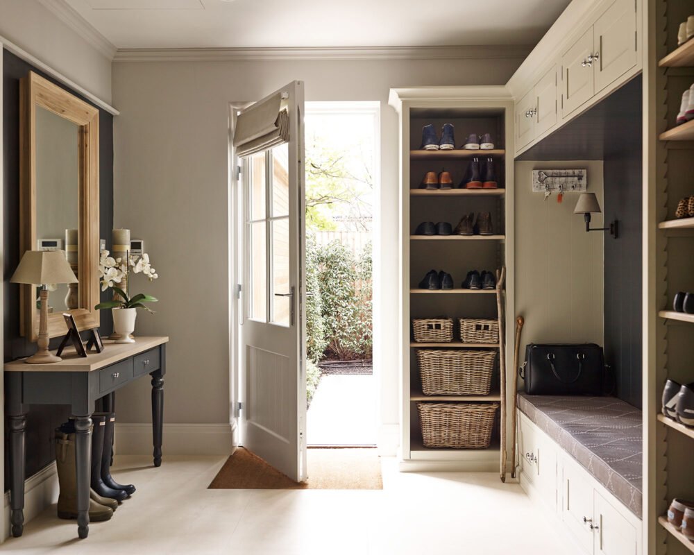 Stylish hallway cloakroom cupboard featuring enclosed storage for coats shoes and accessories in white finish