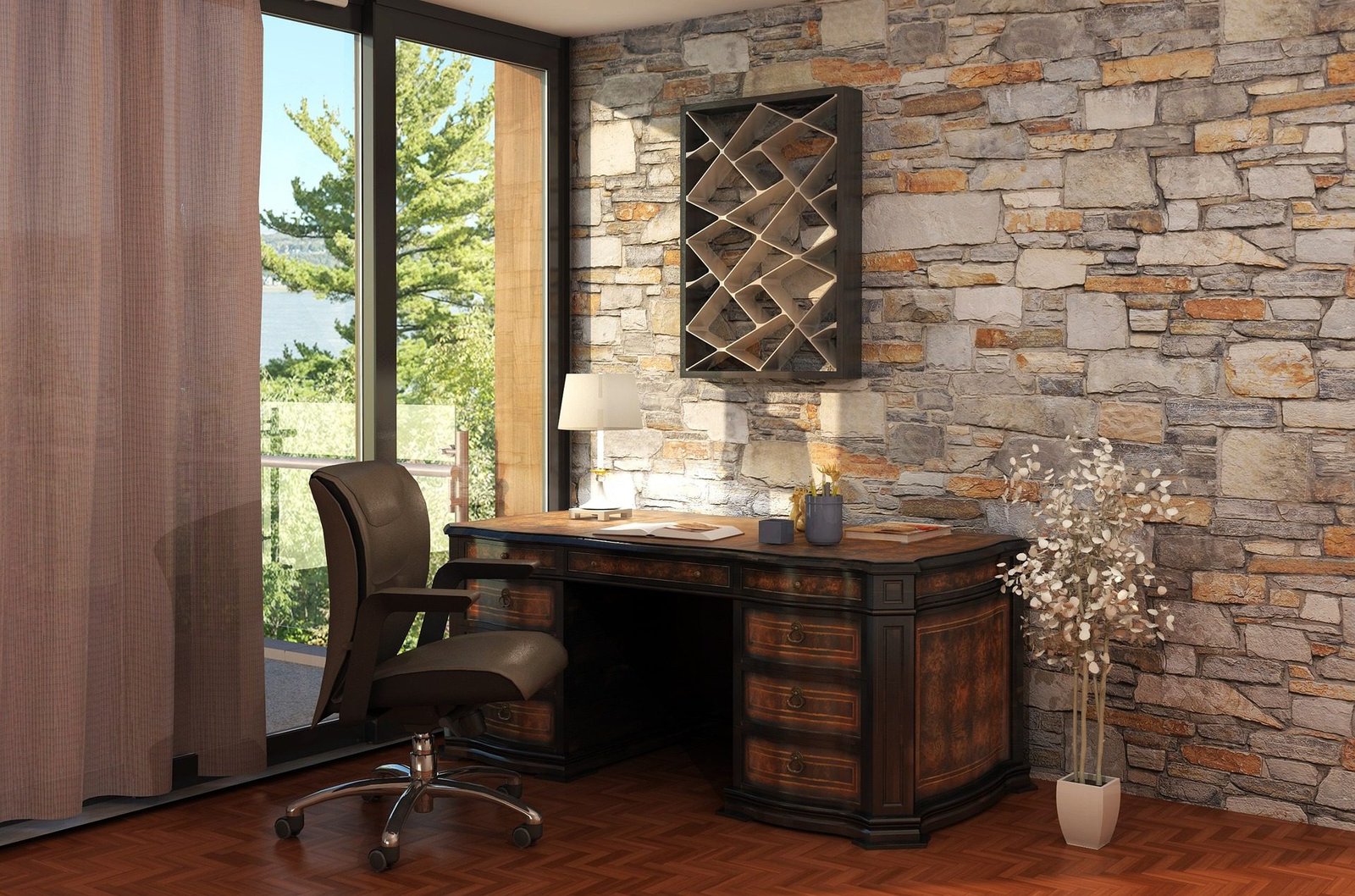 Sleek home office desk with slim legs and spacious top for laptop and monitor