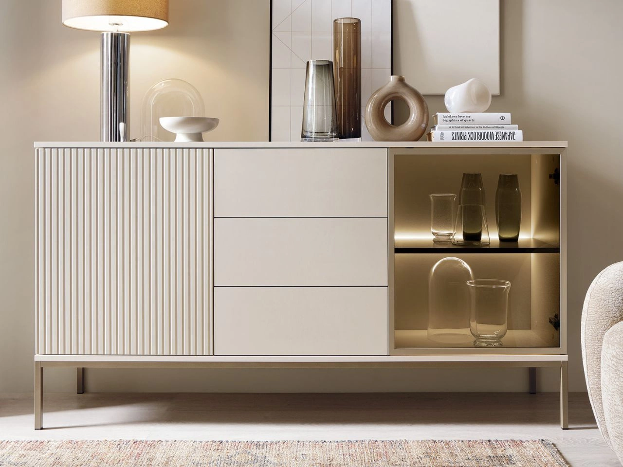 Stylish sideboard drawers with organised compartments in modern UK dining room interior