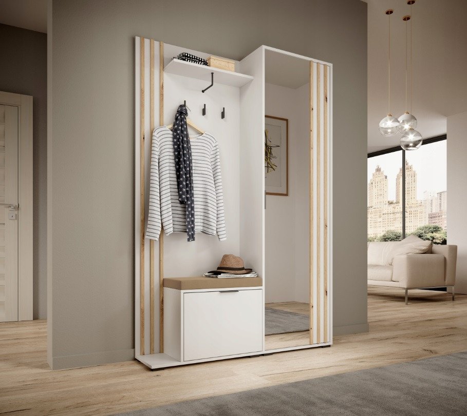 Contemporary hallway wardrobe closet with sliding doors and interior lighting for efficient coat and shoe storage