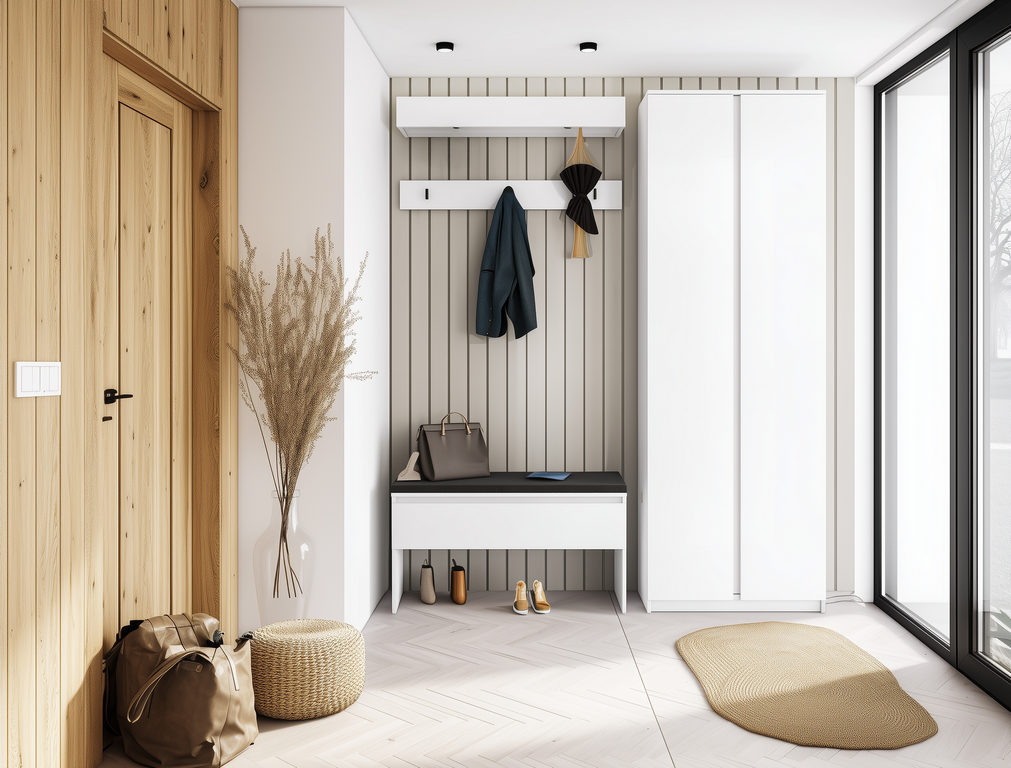 Elegant entrance hall wardrobe with mirror doors and integrated storage solutions for coats and shoes