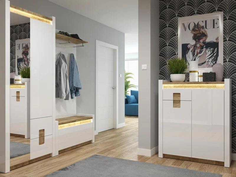 Modern hallway wardrobe with coat hanging rail and shoe storage compartments in white finish