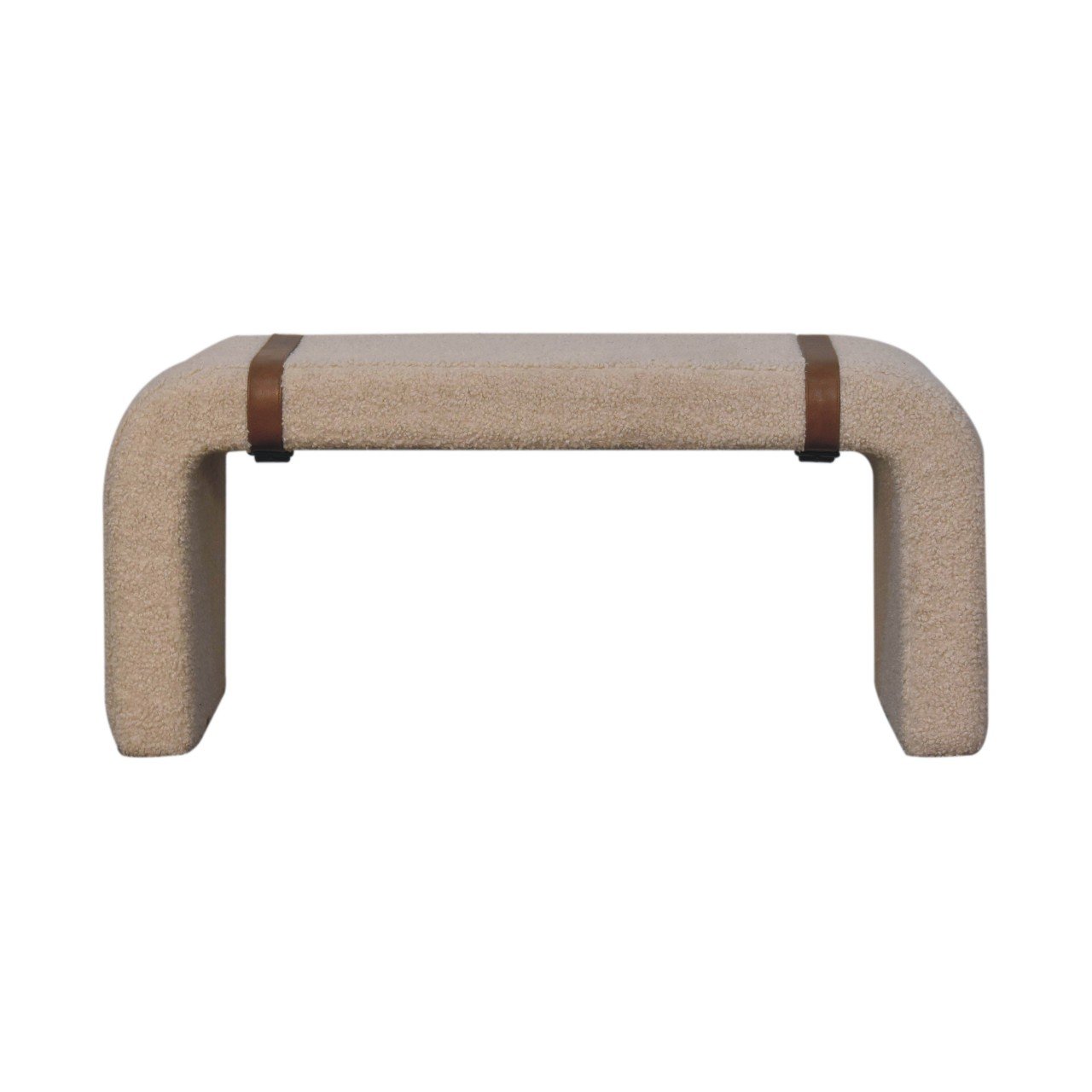 IN3696-1-1.jpg Boucle Bench with Leather Strap 94cm Cream Cotton & Solid Wood - Image 1