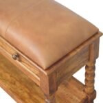 Spindle Bench with Leather Seat - Amber Oak Finish - Hallway - W90cm - Image 5