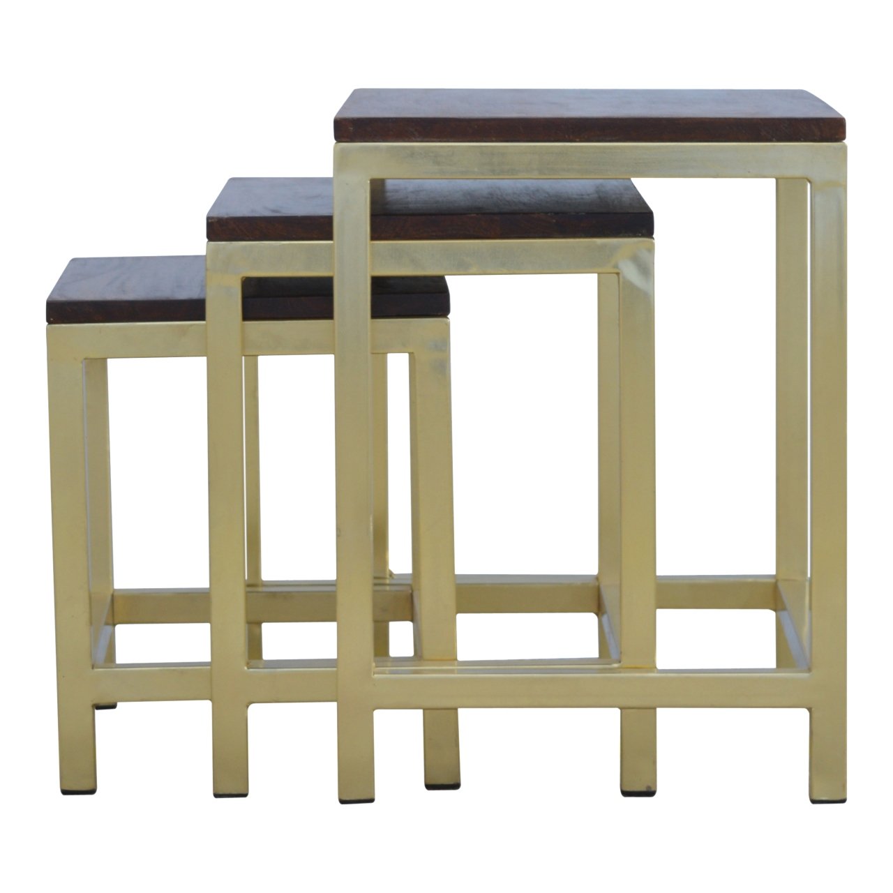 products-in243-8.jpg Chunky Gold Stools (Set of 3) - Chestnut Wood Top & Brass Base - Image 1